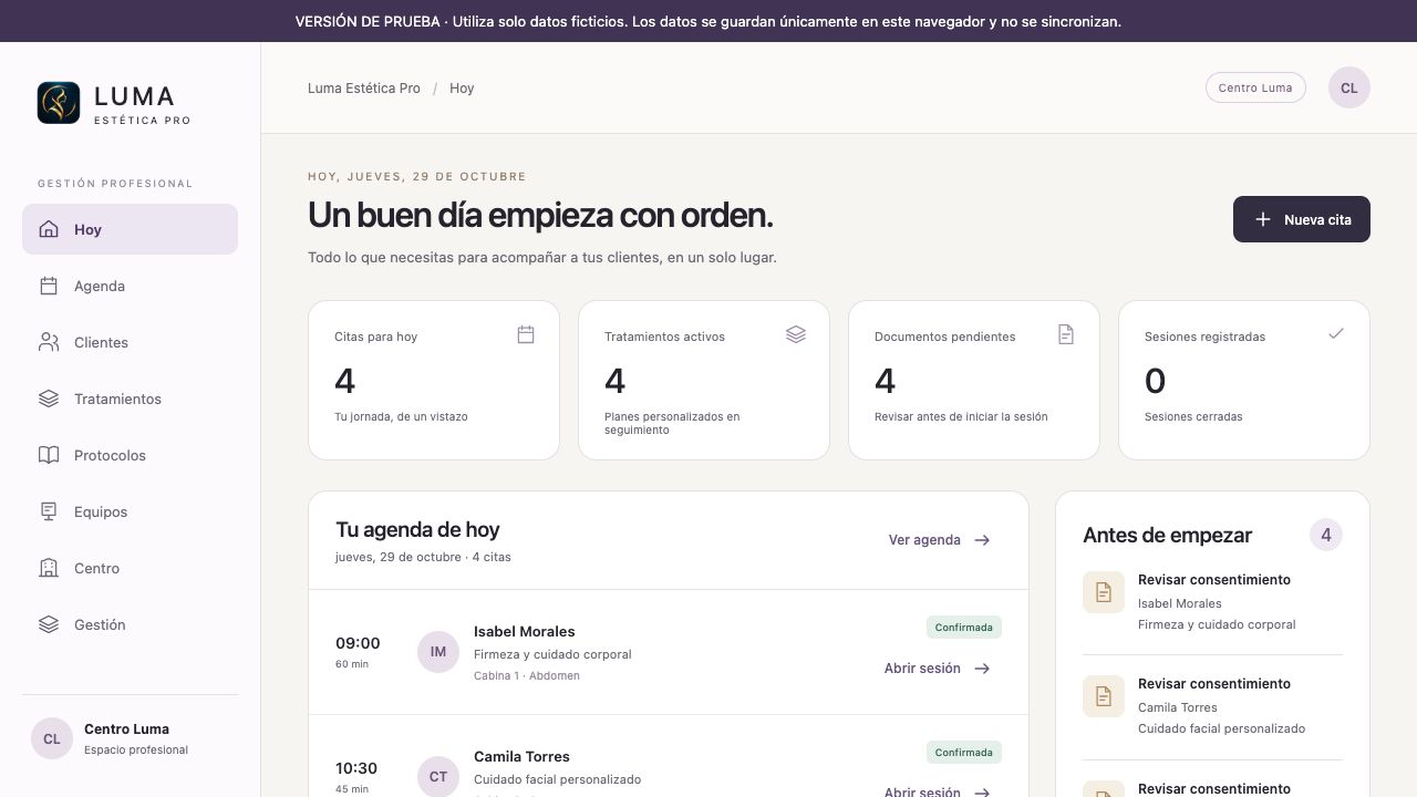 Vista de la aplicación profesional Luma Estética Pro